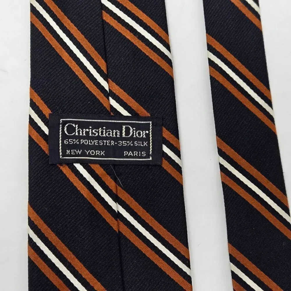 CHRISTIAN DIOR USA POLY SILK TIE BLACK WHITE ORANGE STRIPE SATIN 3